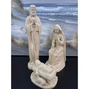 Vintage Ceramic Nativity Set 3pc Glossy Cream Speckled Joseph Mary Baby Jesus